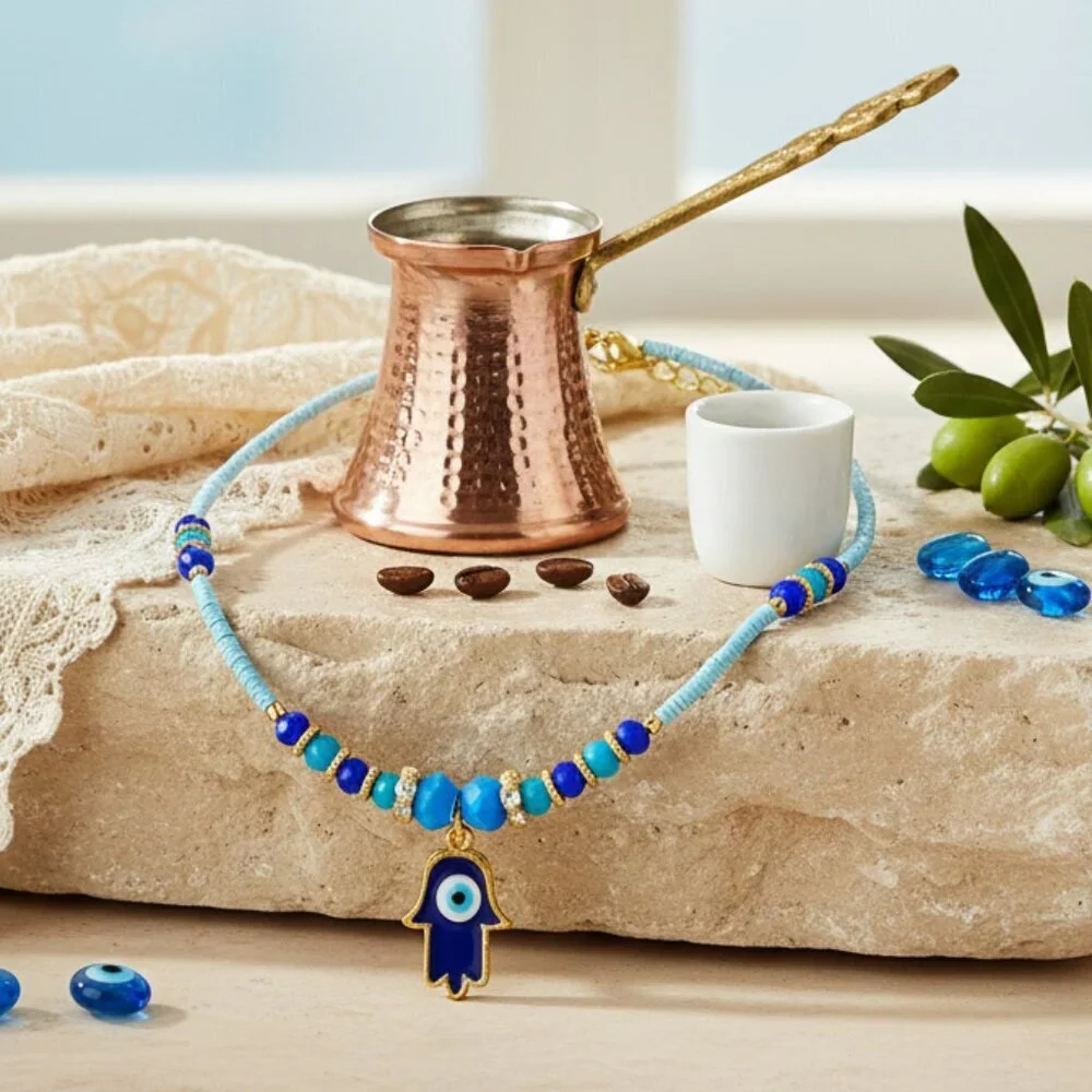 Turkish Handmade 18K Gold Plated Hamsa Evil Eye Blue Bead Boho Layering Necklace